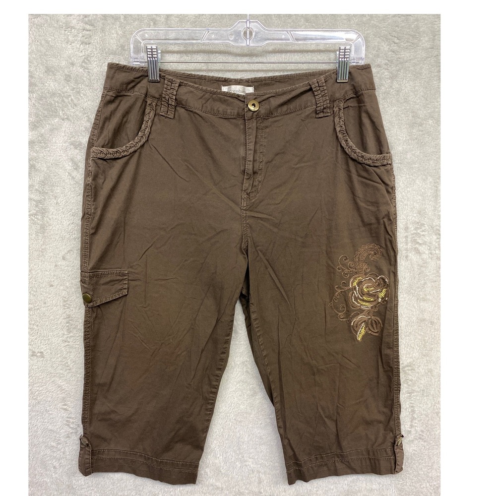 Dressbarn Embroider Capri Pants Brown Sz 12 Stretch Lightweight Eclectic Floral